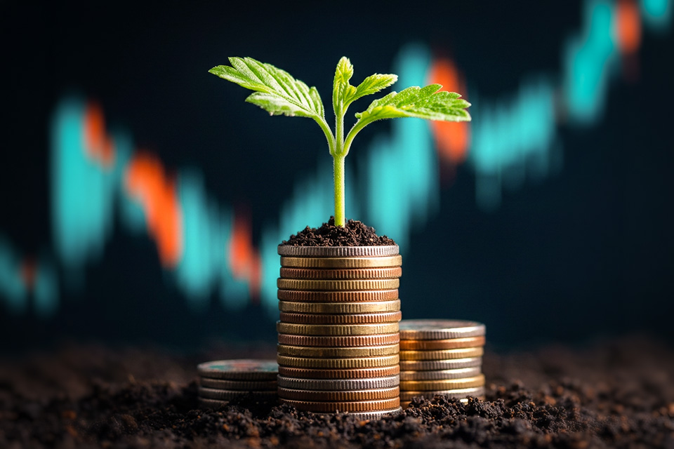 Stack of coins with plant sprout growing from it. With stock market price chart as blurred light out of focus background.